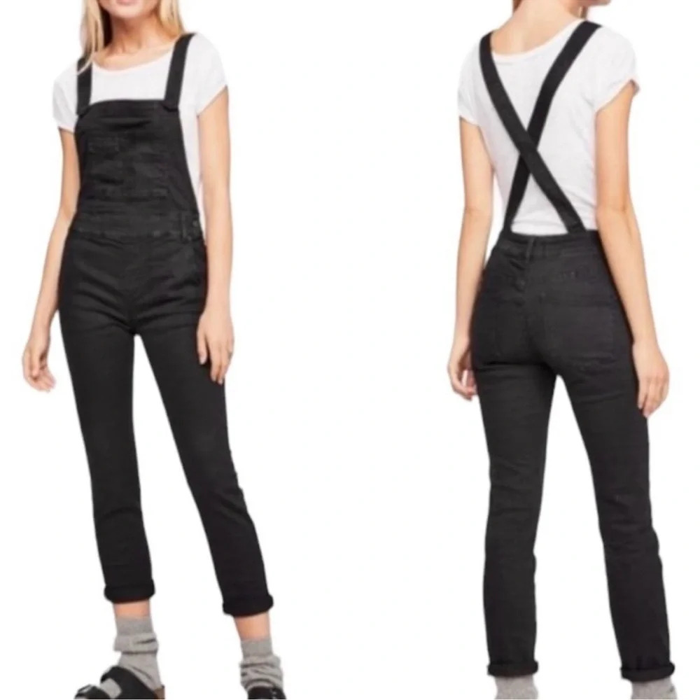 Free People Black Washed Denim Skinny Overalls Womens Size 25